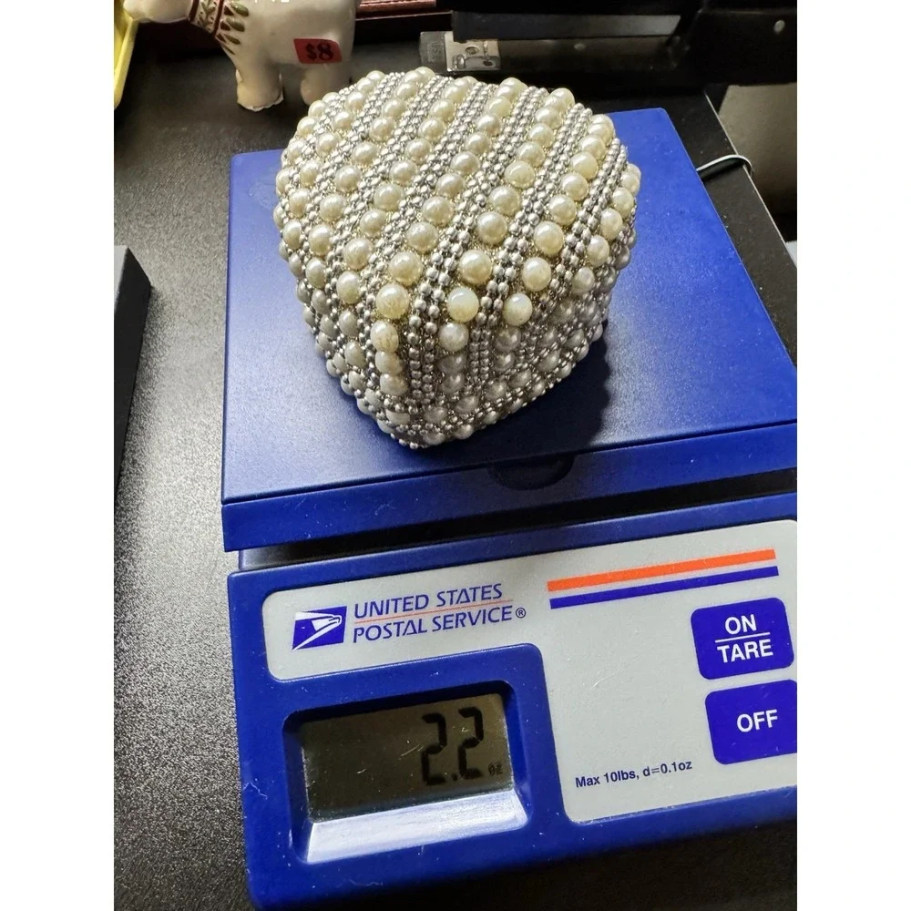 Pearl Beaded Heart Trinket Jewelry Box Faux Pearl Silver Tone Keepsake Box